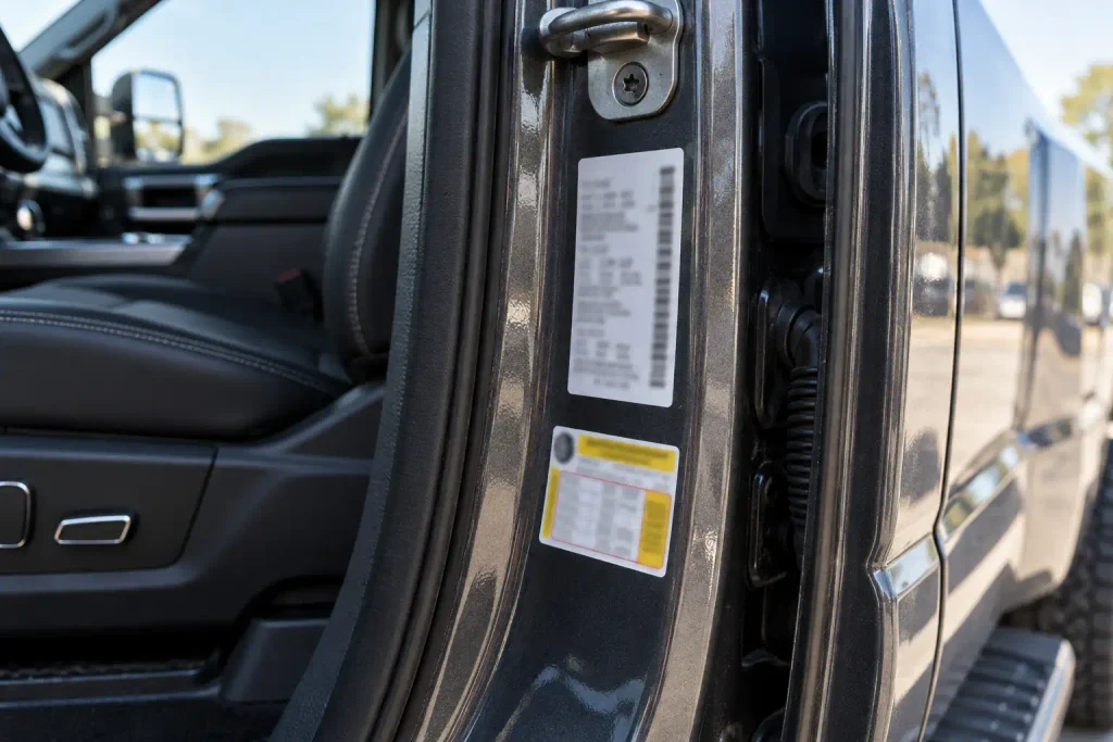 Driver-side door jamb of a pickup truck showing the certification and tire and loading labels