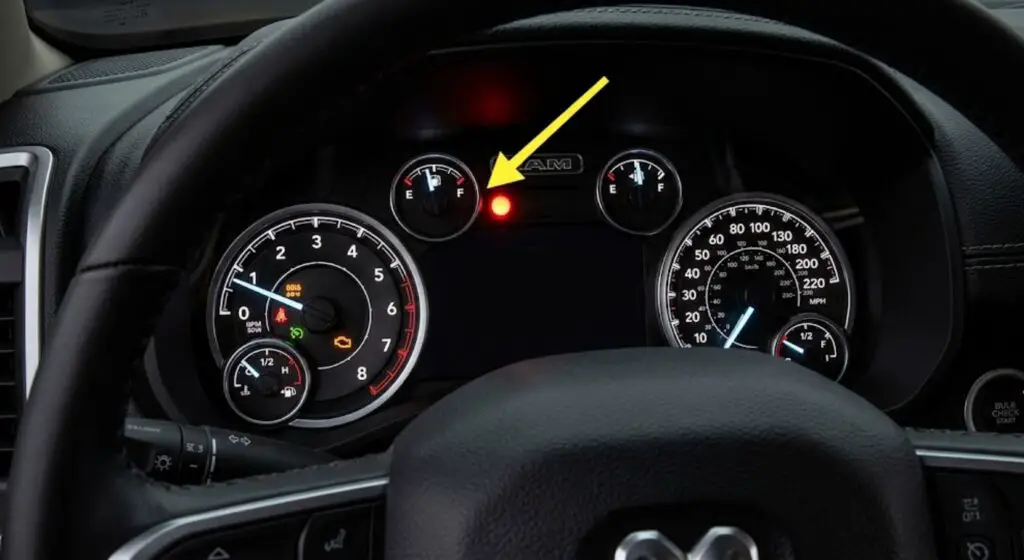 Dodge Ram illuminated dashboard highlighting the circular red security immobilizer light — Proves exactly what the WIN module lockout warning looks like when the truck refuses to crank.