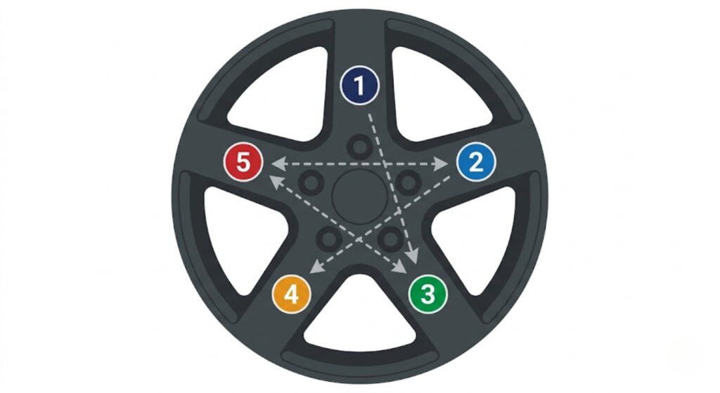 5-lug wheel face diagram showing star tightening sequence
numbered 1 through 5 in crisscross pattern — proves that
tightening across the wheel rather than in a circle distributes
clamping force evenly to prevent wheel vibration and stud damage