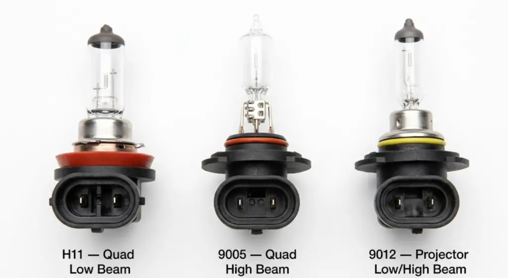 H11, 9005, and 9012 headlight bulbs side by side showing connector differences for 2015 Ram 1500