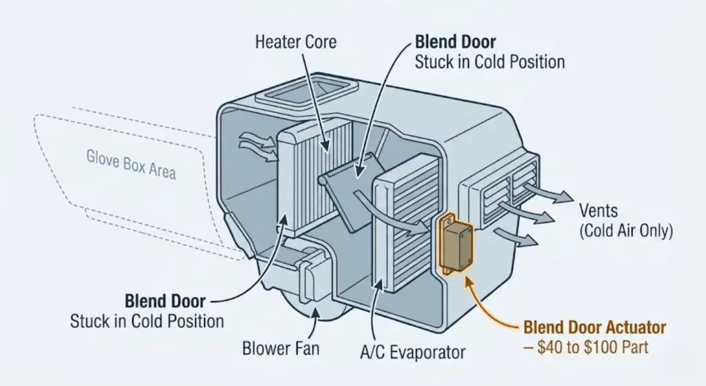 Cross-section illustration of a truck dashboard HVAC box showing the blend
door actuator location and a blend door stuck in the cold air position —
explaining why a failed actuator causes the truck heater to blow cold air
despite a working heater core