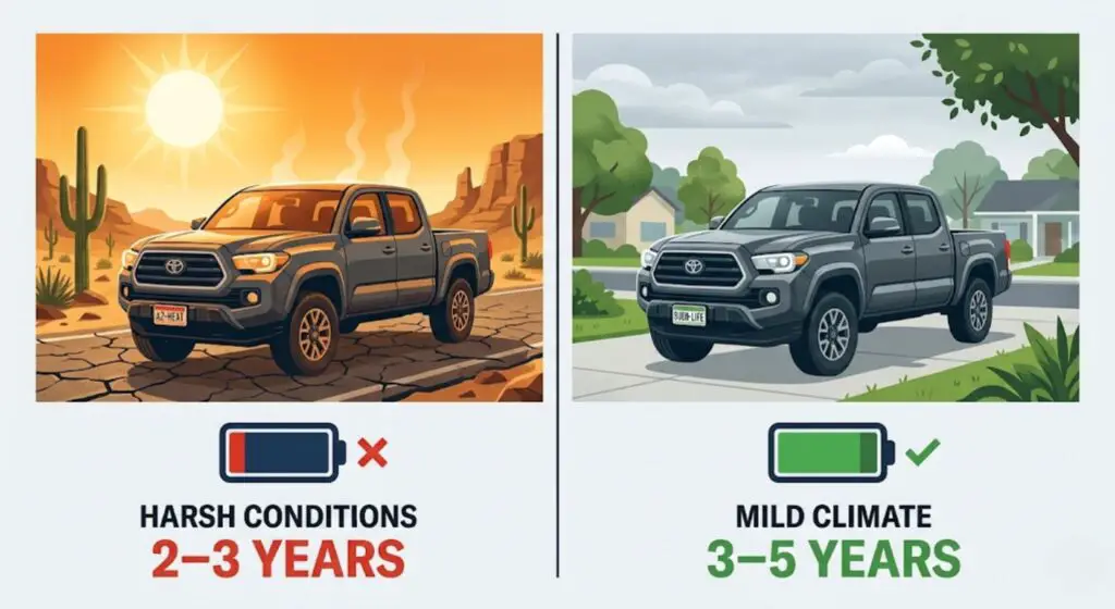 Side-by-side comparison of truck battery lifespan in hot climate (2–3 years) versus moderate climate (3–5 years) — proves heat is the primary cause of early truck battery failure