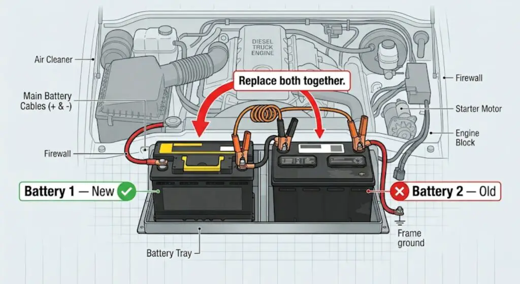 Diesel truck dual-battery diagram showing two batteries side by side with labels indicating both must be replaced at the same time — proves replacing only one battery causes charge imbalance and accelerated wear