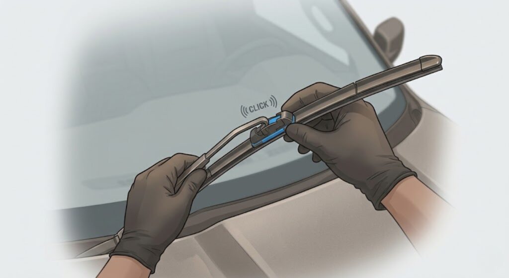 Hands installing a beam-style wiper blade onto a 2018 Ram 1500 J-hook wiper arm — showing the tool-free click-in installation process takes under one minute per blade
