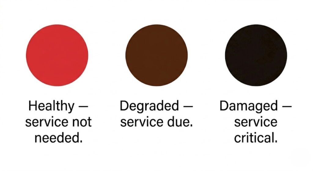 Three transmission fluid condition swatches from healthy red to degraded brown to damaged black — proves what 2014 Ram 1500 owners should look for when checking fluid before diagnosing a transmission problem