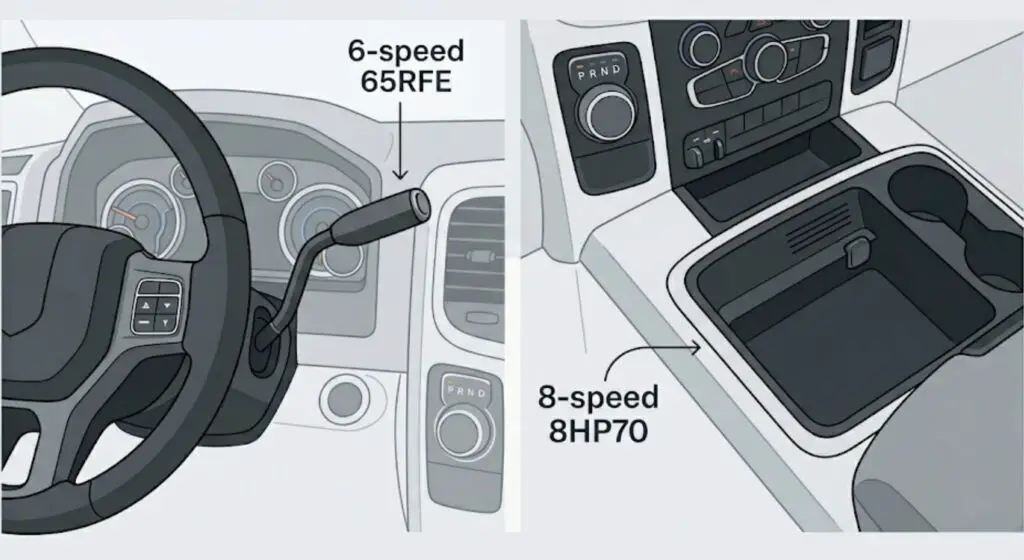 Two 2014 Ram 1500 interior shifter types side by side — column stalk on left indicating the 65RFE 6-speed, rotary dial on right indicating the 8HP70 8-speed — proves how to identify your transmission before diagnosing any problem