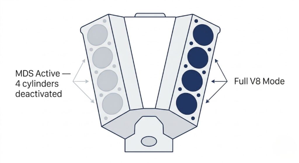 5.7 Hemi MDS system diagram showing 4 active and 4 deactivated cylinders — the system that determines cam and lifter longevity on the 2008 Ram 1500