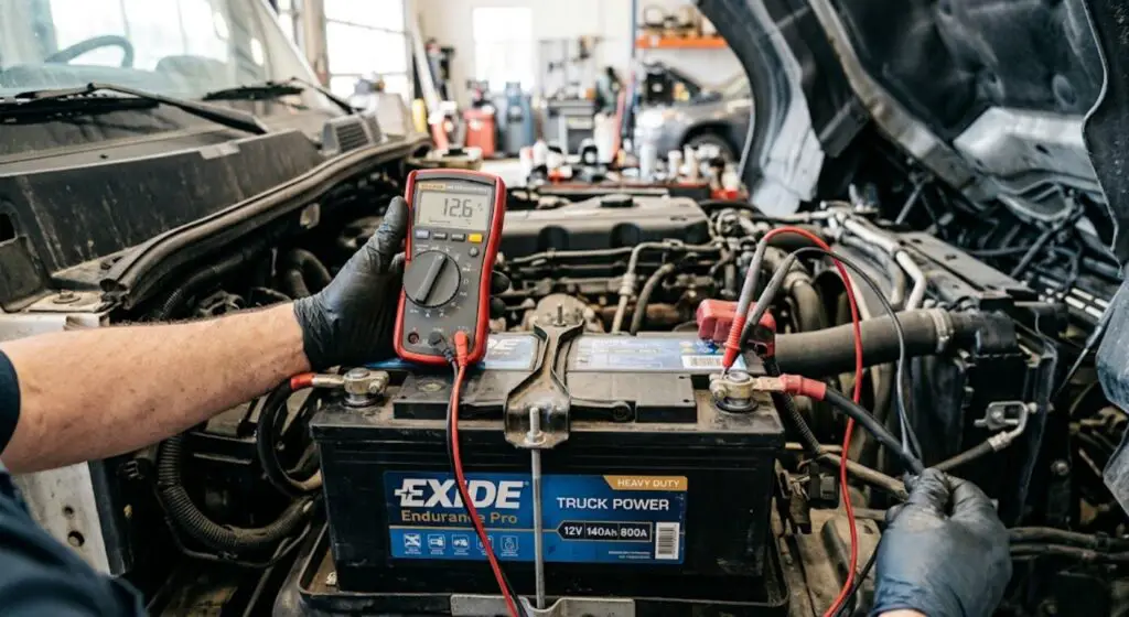 Multimeter testing a truck battery at 12.6V in an open engine bay — shows how to check resting voltage to determine if a truck battery needs replacement