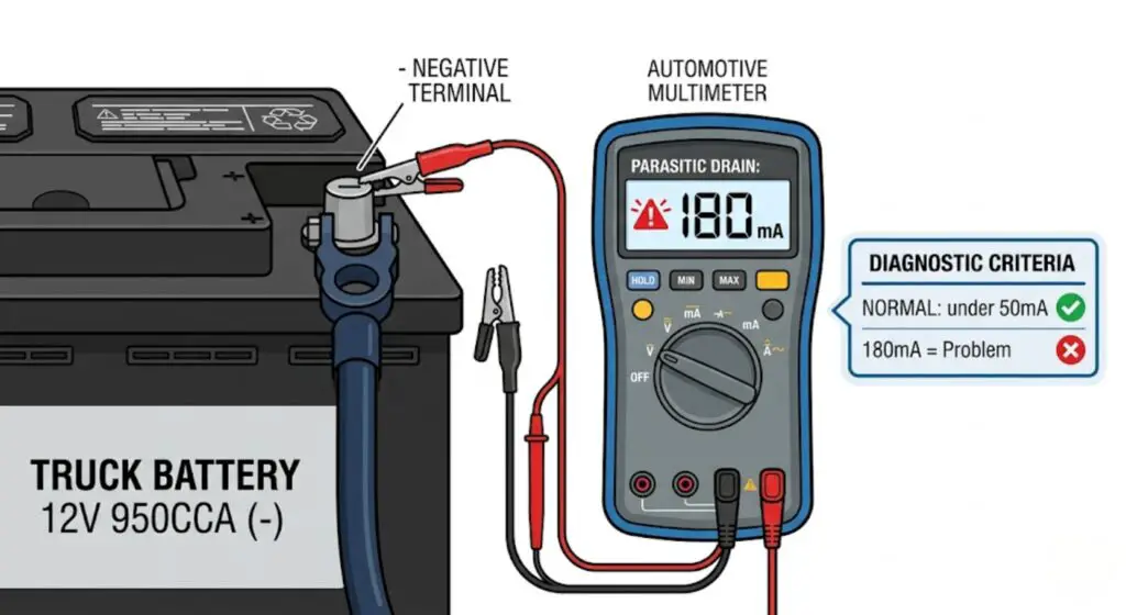 Multimeter connected to a truck battery negative terminal showing 180mA parasitic drain reading — demonstrates how to test for abnormal current draw that kills a battery before its expected lifespan.
