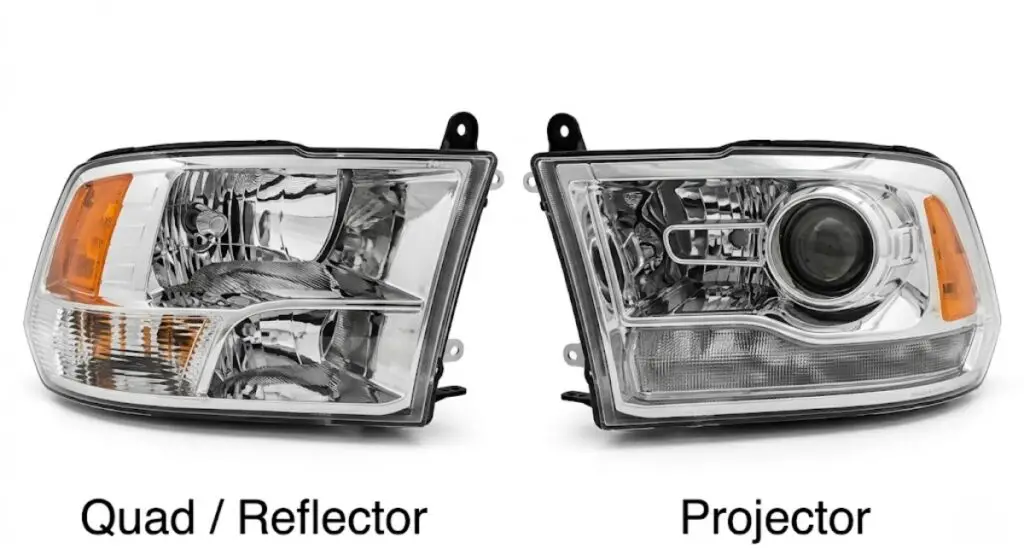 Side-by-side comparison of 2015 Ram 1500 quad reflector headlight vs projector headlight housing