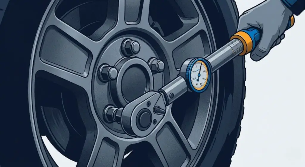 Torque wrench being applied to Ram 1500 lug nut on wheel hub —
shows that precise measured torque requires a calibrated tool,
not an impact gun or hand feel