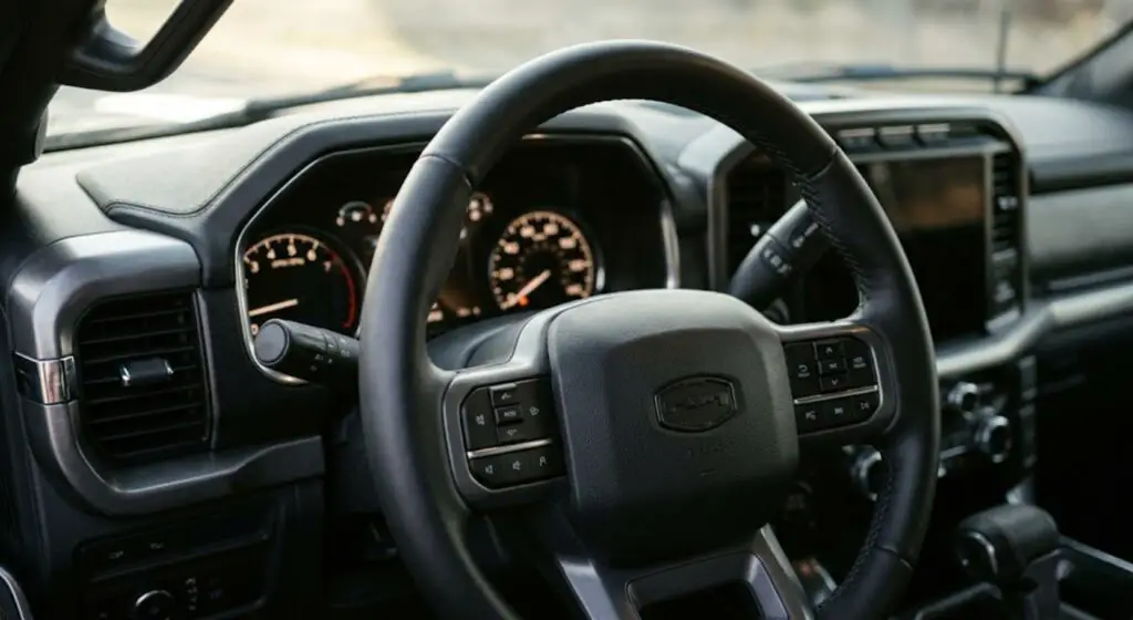 Close-up of a truck steering wheel interior β illustrating the source of steering wheel
squeaking symptoms diagnosed in this guide
