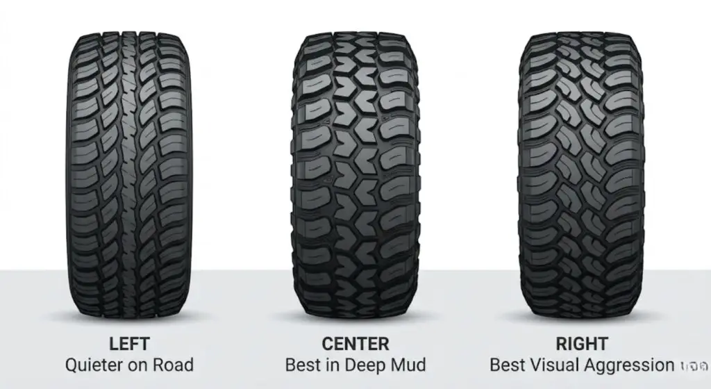 Three mud-terrain tires side by side showing distinct tread patterns — symmetrical center, wide-void aggressive, and asymmetrical designs — illustrating how different MT tires perform differently in mud vs on highway