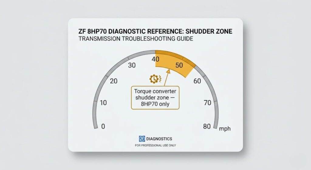 Speedometer arc highlighting the 40 to 55 mph zone in amber — proves that 8HP70 torque converter shudder in the 2014 Ram 1500 occurs specifically in this speed range and should not be confused with engine misfire or tire vibration
