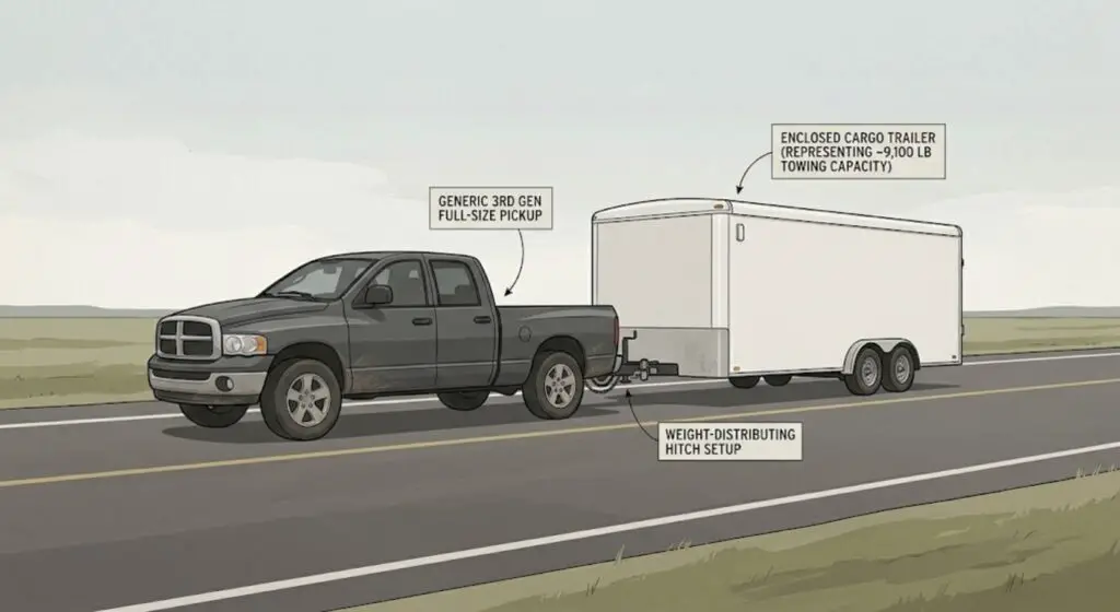2008 Ram 1500 5.7 Hemi towing an enclosed trailer — illustrating the 9,100 lb properly-equipped towing capacity in real-world conditions