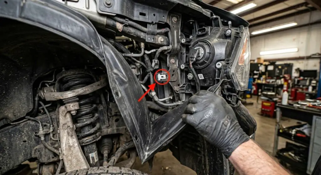 Hand pulling back Ram 1500 wheel well liner to access white sliding headlight housing clip