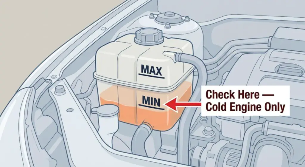 Truck coolant reservoir with fluid level below the MIN line — showing the
most common cause of a truck heater not blowing hot air and where to check first
