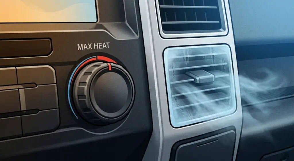 Truck dashboard heater dial set to maximum heat with cold air coming from
vents — illustrating the core symptom of a truck heater not blowing hot air