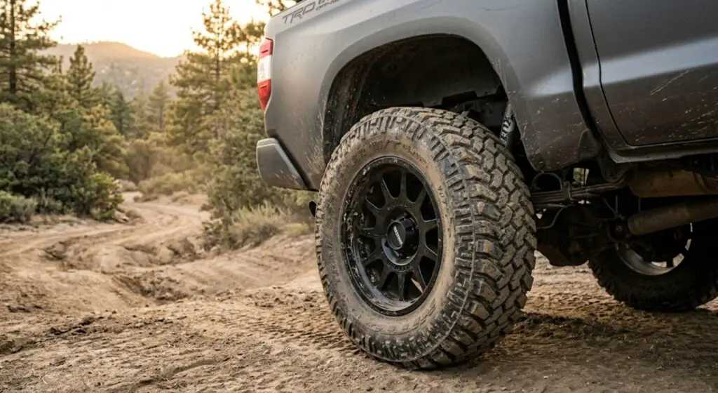 Aggressive mud-terrain tire on a 20-inch alloy rim on a lifted pickup truck on a dirt trail — showing real off-road capability with factory-size rims