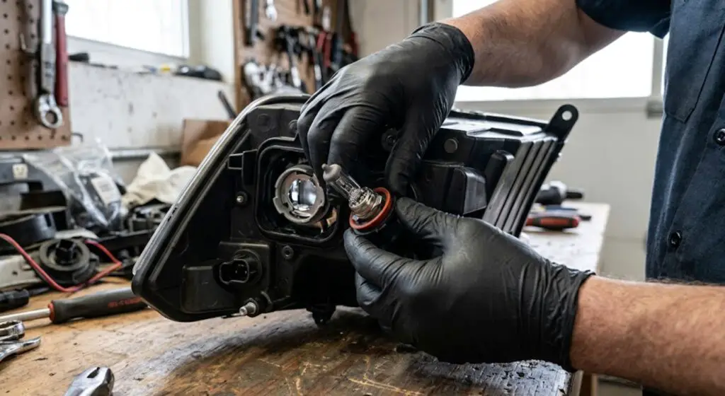 Mechanic installing new H11 headlight bulb into 2015 Ram 1500 housing wearing nitrile gloves