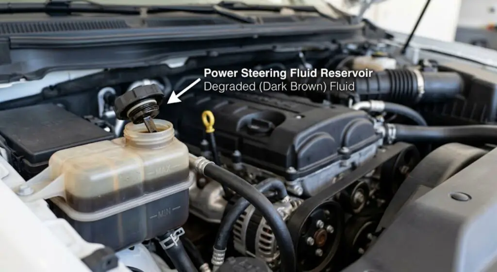 Truck engine bay with power steering fluid reservoir highlighted β showing dark brown
degraded fluid that causes steering wheel squeaking at slow turns