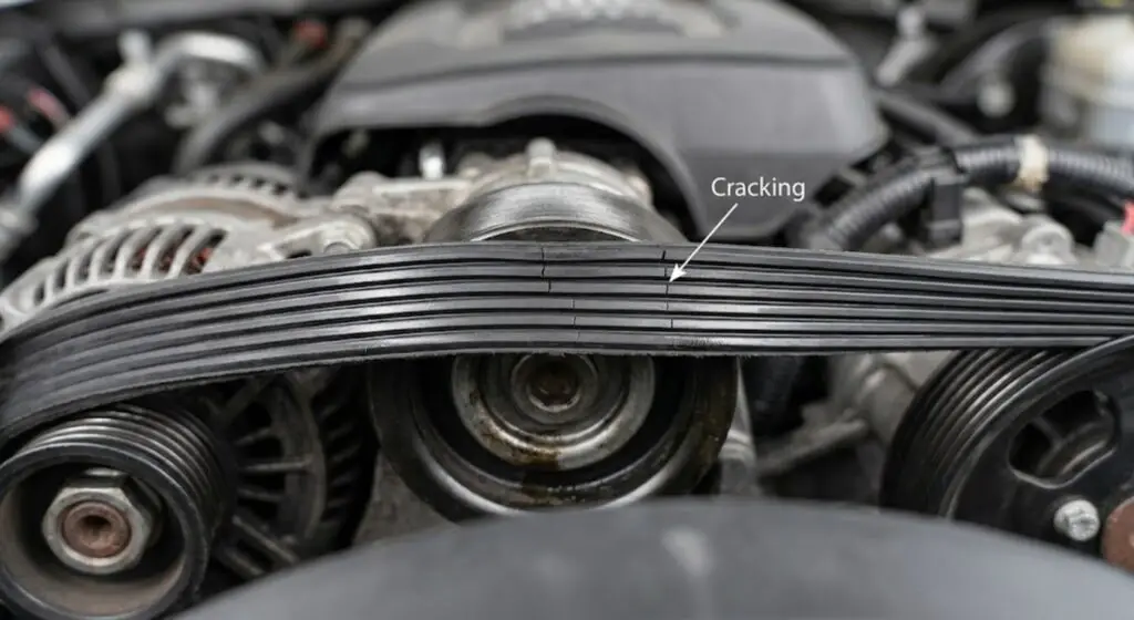 Close-up of a cracked and glazed serpentine belt β showing the wear pattern that causes
cold-start steering squeak in trucks and indicates belt replacement is needed