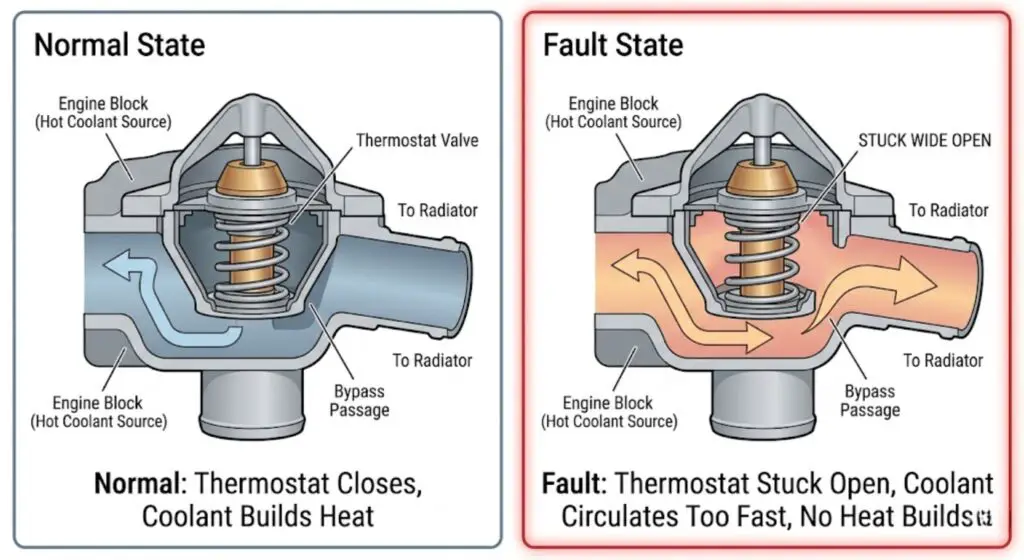 Side-by-side illustration of a working thermostat vs a thermostat stuck open —
showing why a stuck-open thermostat prevents a truck heater from building
enough heat to warm the cab