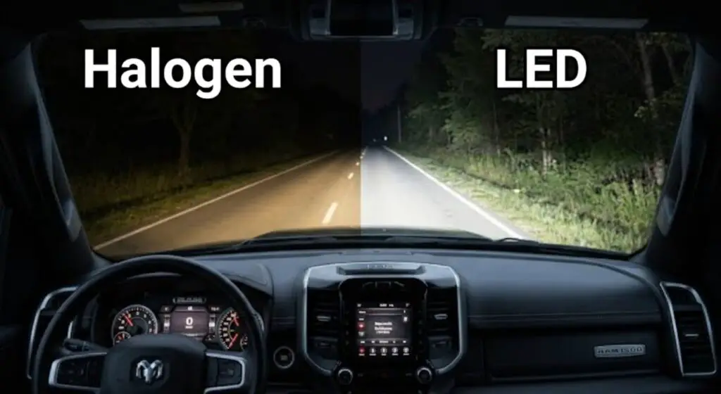 Comparison of halogen vs LED headlight beam output on a dark road, Ram 1500