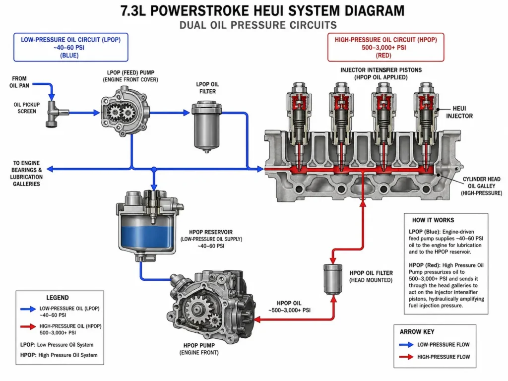 Technical diagram of the 7.3L Powerstroke HEUI injection system showing low-pressure LPOP oil flow in blue and high-pressure HPOP oil flow in red.