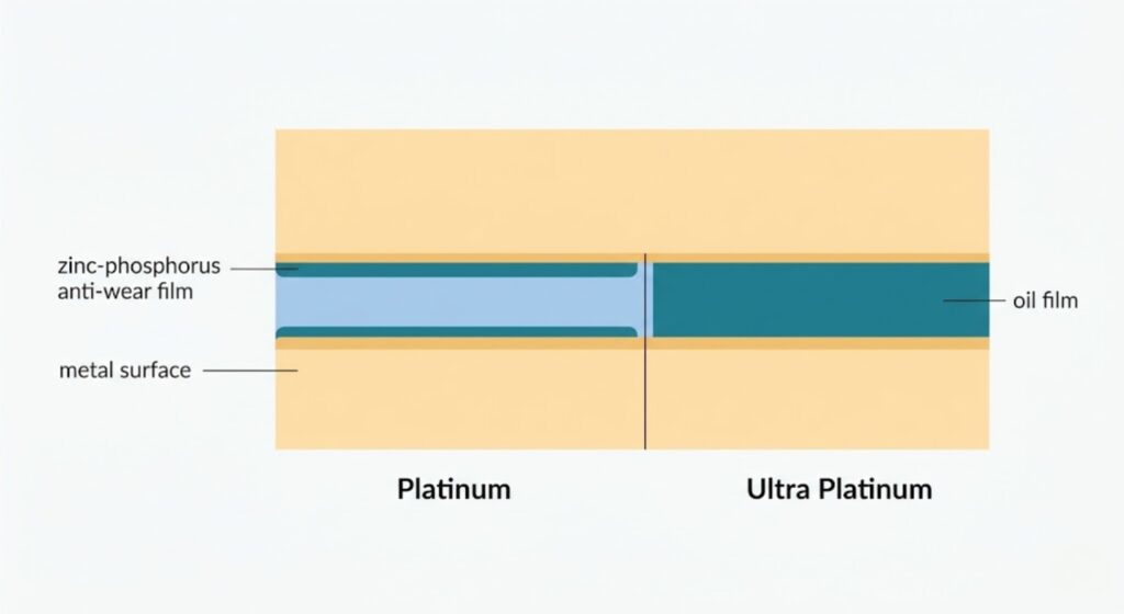 Schematic illustration comparing oil film thickness between Pennzoil Platinum and Ultra Platinum on engine metal surfaces — showing Ultra Platinum's thicker zinc-phosphorus anti-wear layer under load