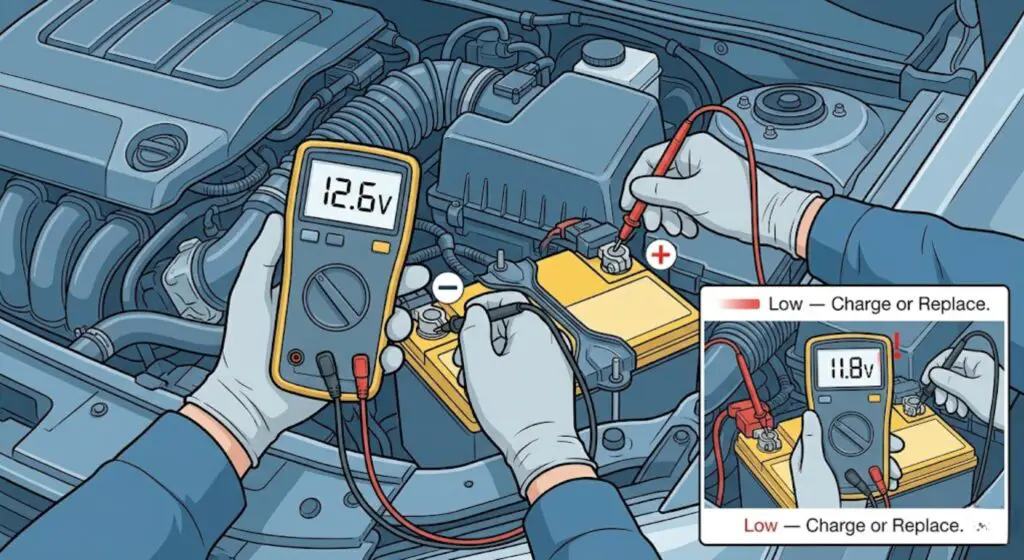 Mechanic holding a multimeter with red probe on positive battery terminal and black probe on negative terminal showing 12.6V reading — demonstrating correct battery voltage test procedure for diagnosing U0100 code