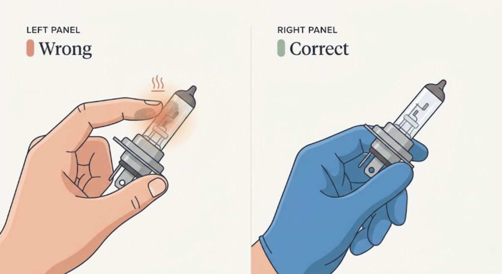 Comparison of bare hand touching halogen bulb glass vs gloved hand holding bulb by base — shows why skin contact causes premature headlight bulb failure