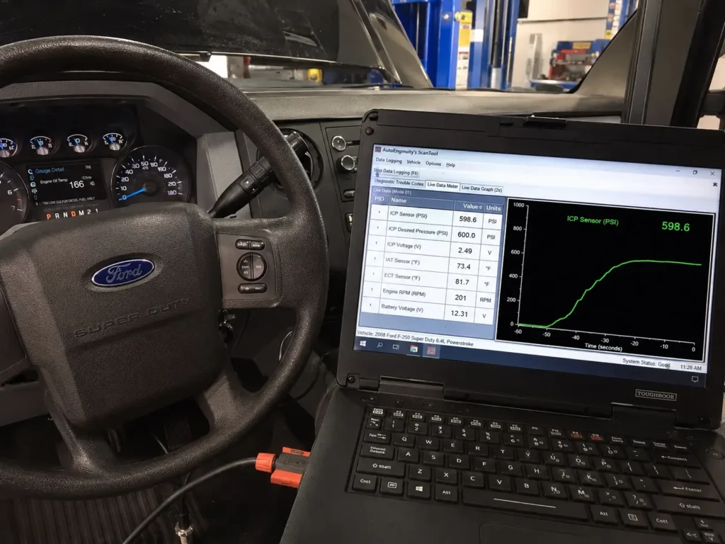 Ford Super Duty dashboard and laptop scan tool displaying live ICP sensor data rising to about 600 PSI during engine crank in a garage setting.