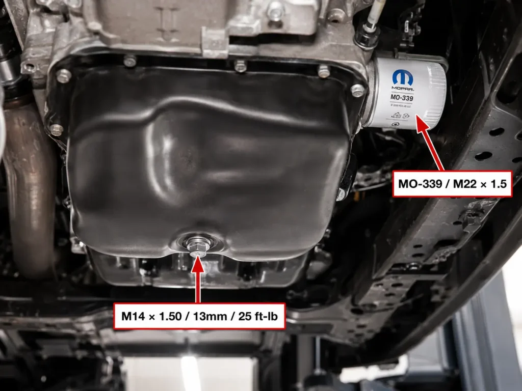 Underside view of 2020 Ram 1500 5.7 HEMI showing the M14 drain plug location and Mopar MO-339 oil filter position on the passenger side of the engine block