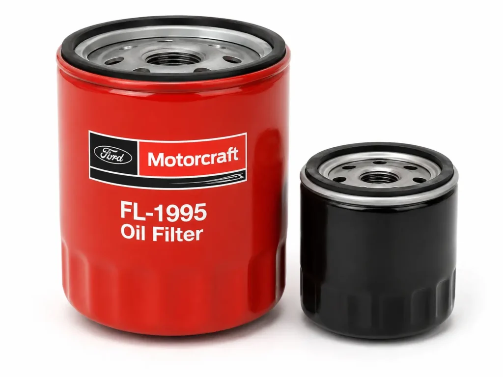 Motorcraft FL-1995 oil filter next to a smaller standard passenger car oil filter on a white background for size comparison.