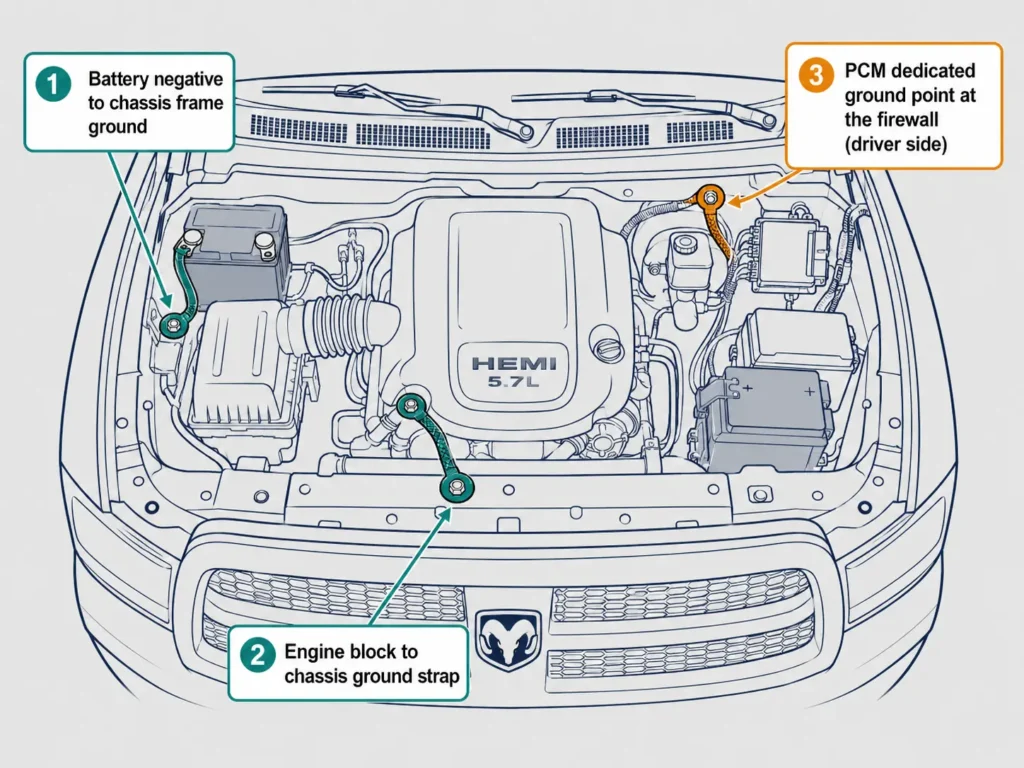 Diagram of Dodge Ram engine bay showing three ground strap locations — battery-to-chassis, engine block-to-chassis, and PCM firewall ground point highlighted in orange — explains why PCM ground failure causes persistent P0562 even when charging system tests pass