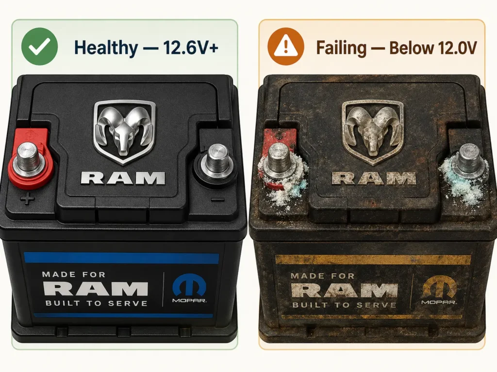 Side-by-side comparison of a healthy Dodge Ram battery at 12.6V versus a failing corroded battery below 12.0V — shows physical difference and voltage threshold for P0562 diagnosis