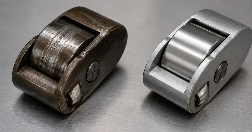 Worn 5.7 HEMI MDS lifter roller compared with new replacement lifter showing metal scoring and wear