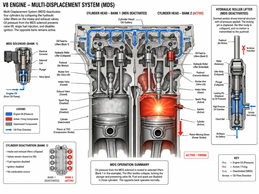 Technical cutaway diagram of the 5.7L HEMI MDS cylinder deactivation system showing oil pressure routing through solenoids and collapsible valve lifters