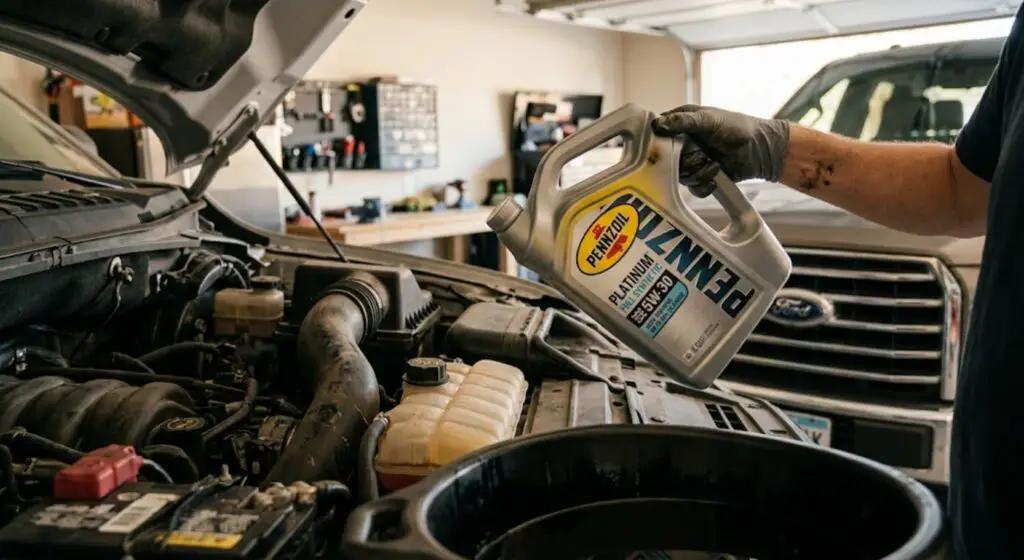 Mechanic hands holding a Pennzoil Platinum 5-quart jug next to an open engine bay during a DIY oil change — showing when Platinum is the right and cost-effective choice for everyday truck owners