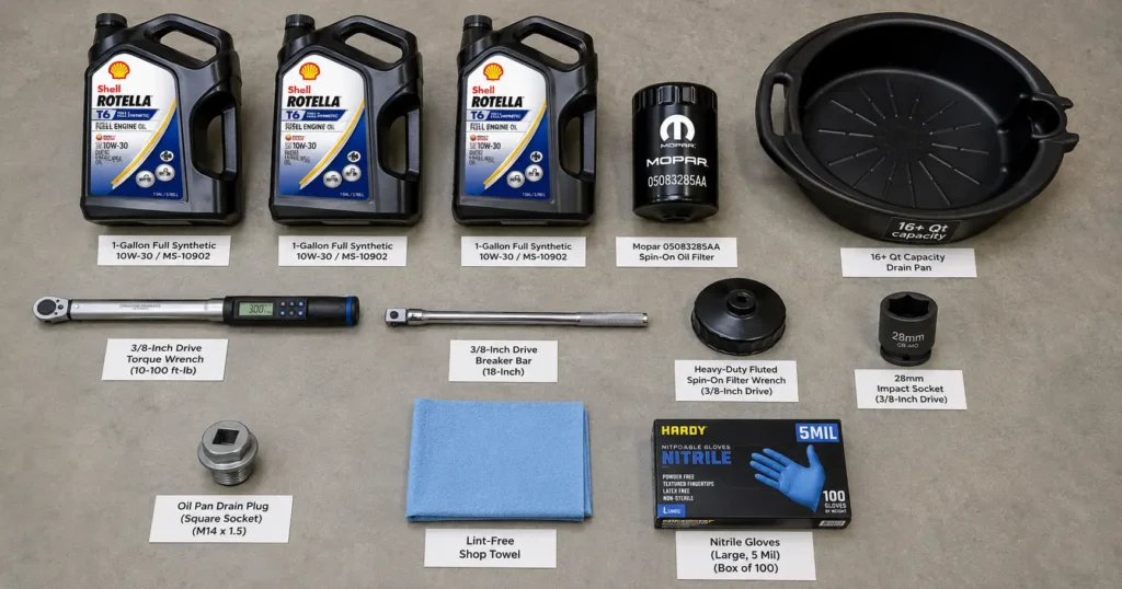 Ram 2500 6.7 Cummins oil change tooling layout showing 16-quart drain pan, 3/8-inch square drive breaker bar, fluted filter wrench, torque wrench, and 12 quarts of API CK-4 full synthetic diesel oil arranged on a clean concrete workshop floor