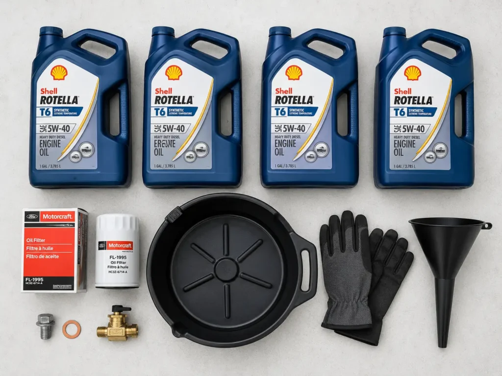 Flat-lay of 7.3 Powerstroke oil change supplies including Shell Rotella T6 5W-40 oil, Motorcraft FL-1995 filter, drain plug, Fumoto valve, oil pan, gloves, and funnel.