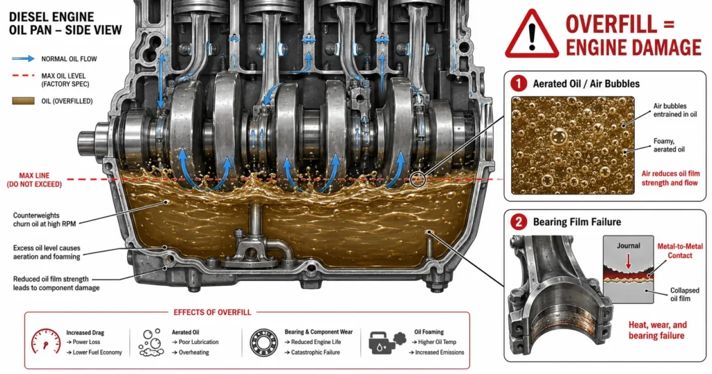 Technical cross-section diagram showing 6.7 Cummins crankshaft counterweights striking the oil surface in an overfilled oil pan, whipping oil into aerated foam that destroys hydrodynamic film on main bearings