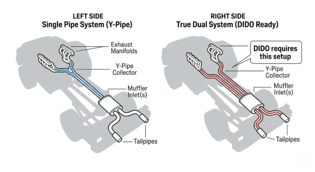 Side-by-side diagram of Y-pipe single exhaust vs true dual exhaust routing under a truck — showing which setup is required for a dual in dual out muffler