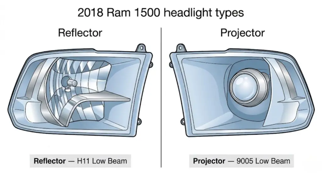 Side-by-side diagram of reflector vs projector headlight housing interiors — shows why each type requires a different low beam bulb size for the 2018 Ram 1500
