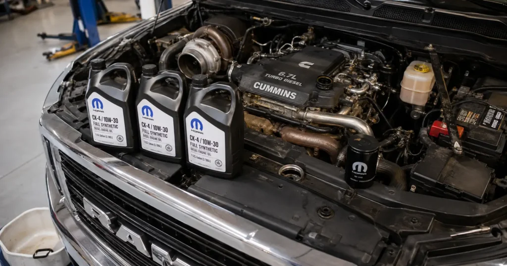 Ram 2500 6.7 Cummins diesel engine bay during an oil change with 12 quarts of full synthetic oil and Mopar filter on workbench