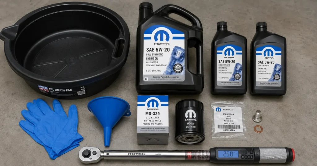2014 Ram 1500 5.7 oil change supplies with 5W-20 oil, MO-339 filter, drain plug, torque wrench, funnel, gloves, and drain pan