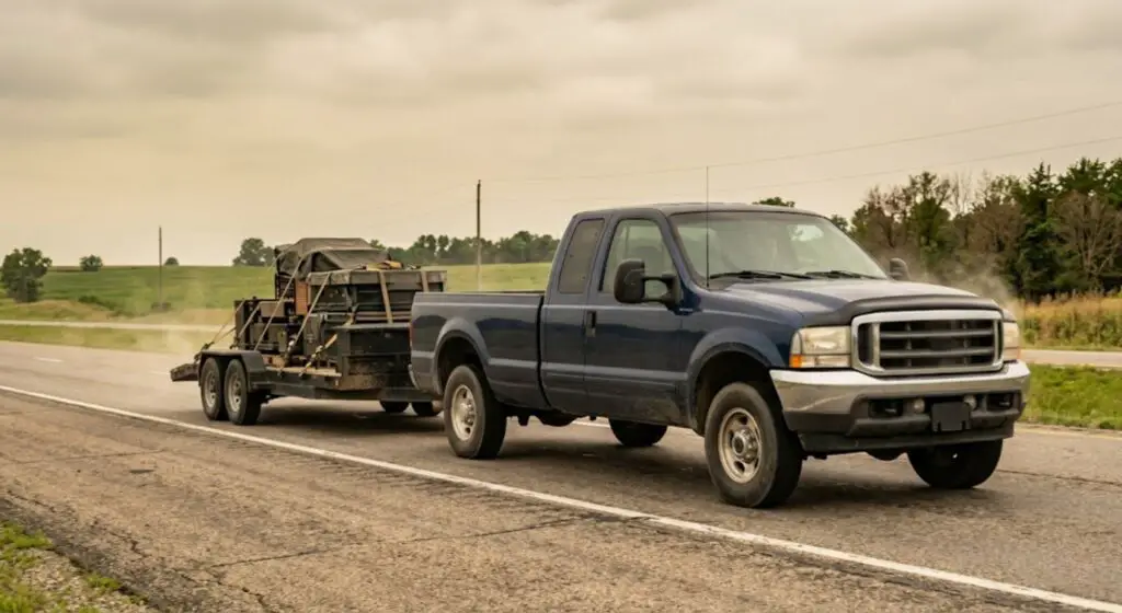 Pickup truck towing a flatbed trailer on a summer highway — representing the high-load, high-heat driving condition where Pennzoil Ultra Platinum's extra protection is justified over Platinum
