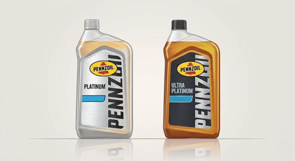 Pennzoil Platinum and Ultra Platinum motor oil bottles side by side — showing two full synthetic oils from the same brand with different formulation levels