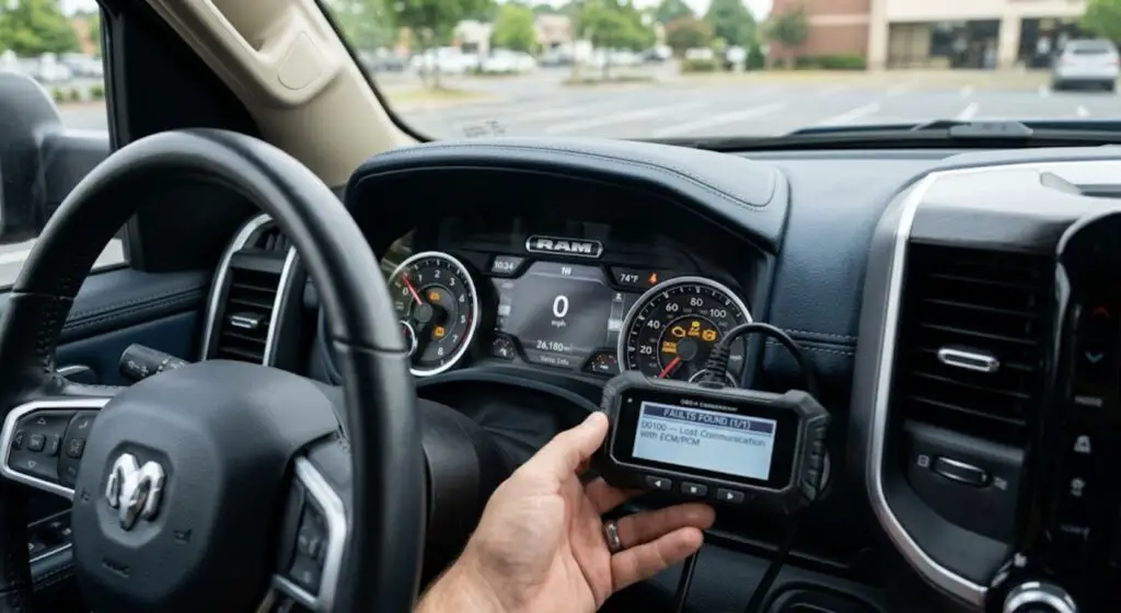 Truck dashboard showing multiple warning lights illuminated including check engine light alongside a code scanner displaying U0100 Lost Communication with ECM code — illustrating the U0100 diagnostic scenario this guide addresses